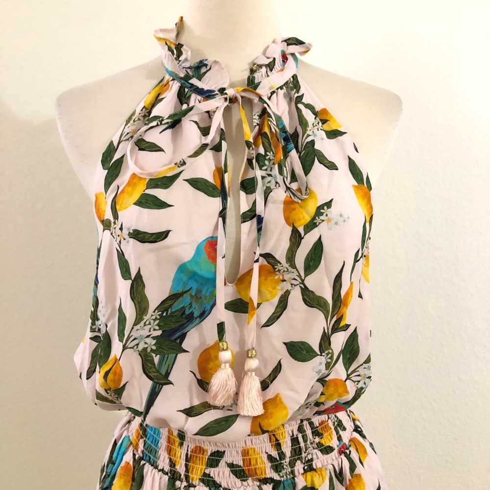 Nicoblu Halter Dress with Tropical Parrot Lemon Print Size Small - Picture 2 of 7